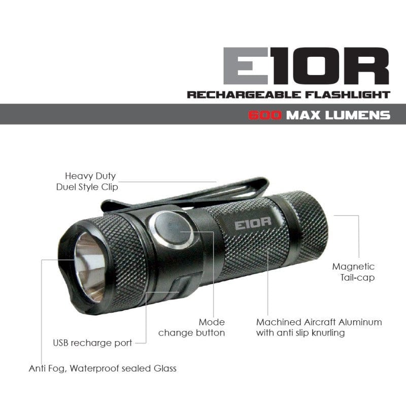 Powertac E10R - 600 Lumen USB Rechargeable Flashlight