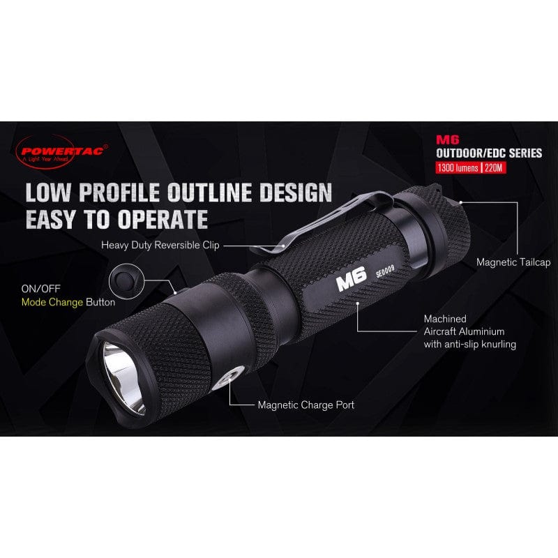 Powertac M6 - 1300 Lumen USB Rechargeable LED Flashlight with Magnetic Base