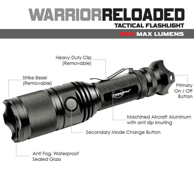 Powertac Warrior Reloaded - 850 Lumens LED Flashlight - Law Enforcement Edition